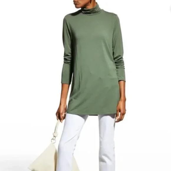 NWT Eileen Fisher Fine Jersey Turtleneck Fluid Tunic Cypress Green Womens M Boho - Picture 1 of 7